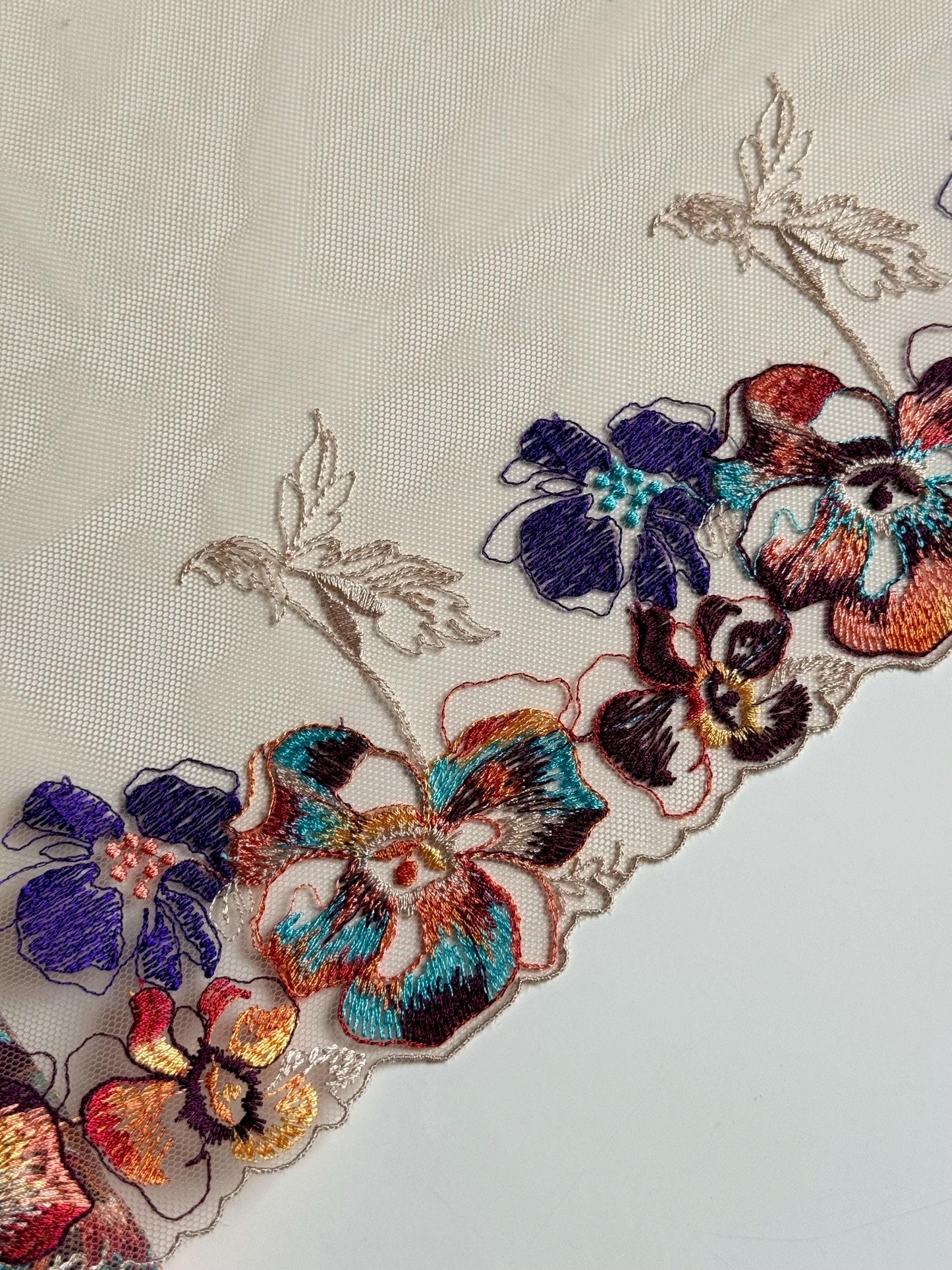 Nude Blue Orange Brown Autumn Flower Floral Embroidered Lace Trim (7.5"/19cm) Tulle Scallop Fabric for Bramaking Knickers Lingerie Sewing