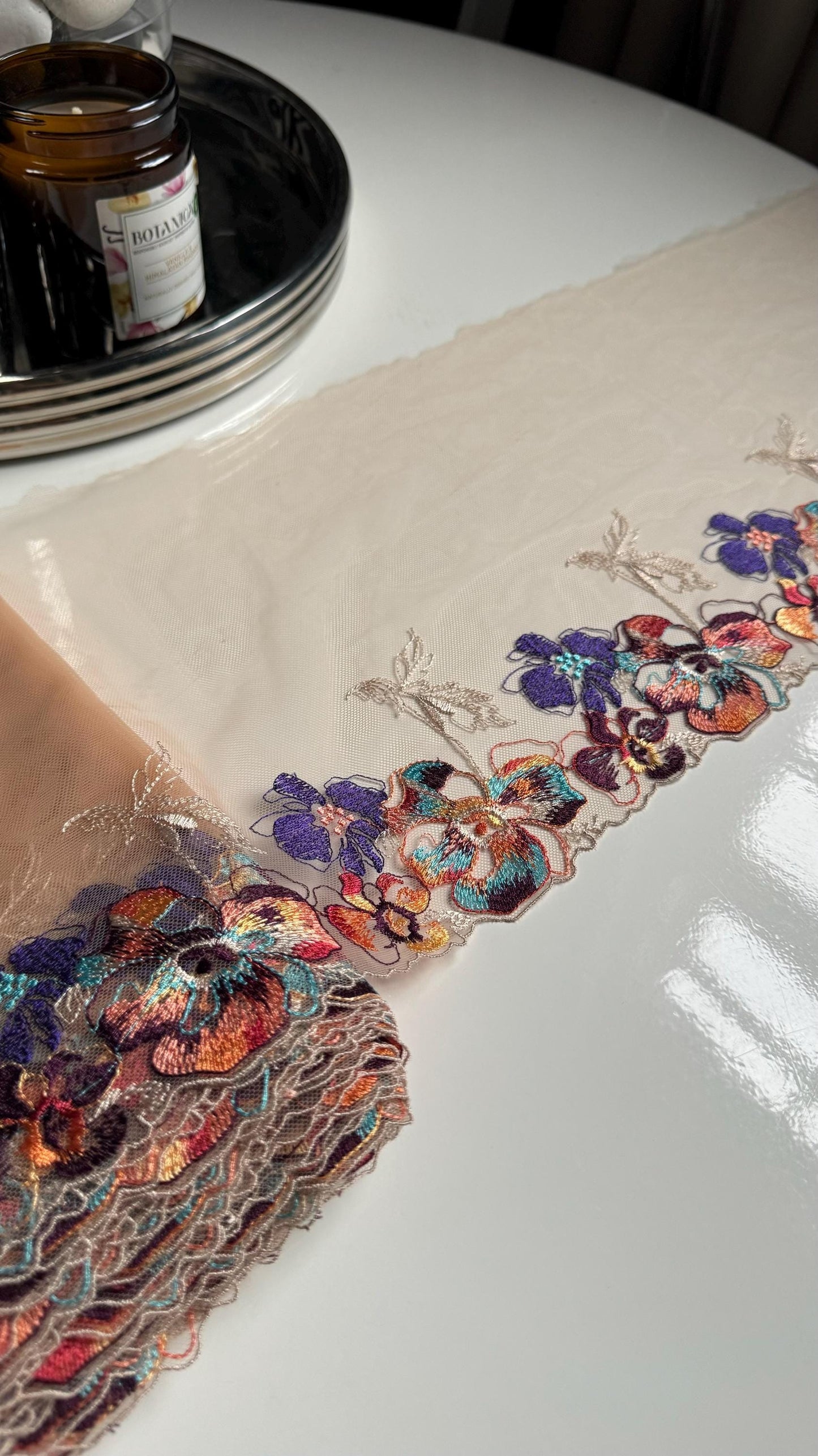 Nude Blue Orange Brown Autumn Flower Floral Embroidered Lace Trim (7.5"/19cm) Tulle Scallop Fabric for Bramaking Knickers Lingerie Sewing