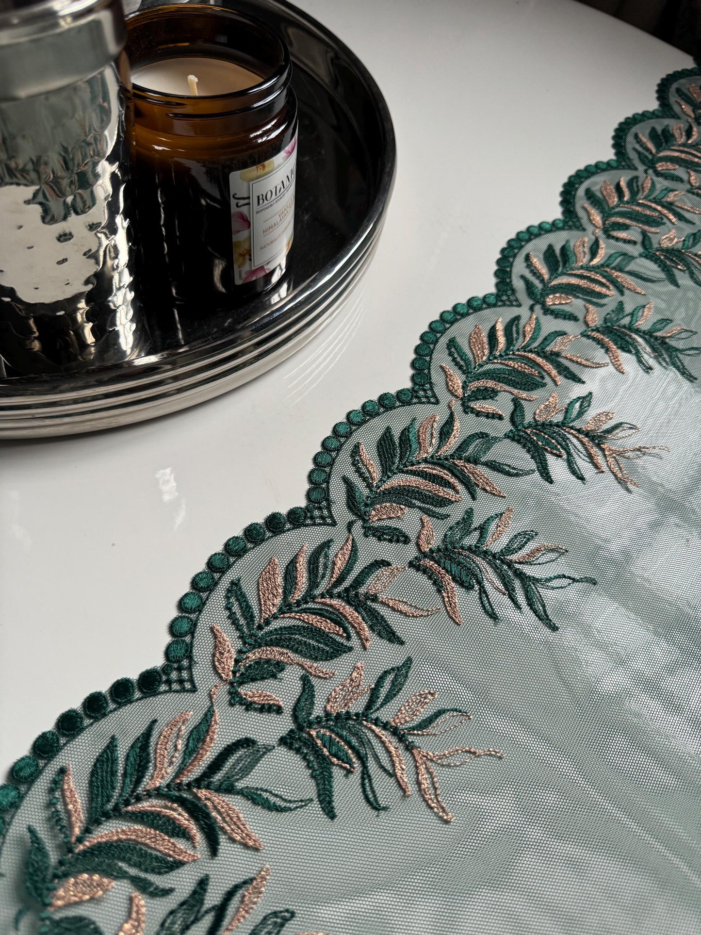Dark Green Gold Metallic Shimmer Leaf Embroidered Lace Trim (9"/23cm) Floral Scallop Fabric for Bramaking Knickers Lingerie Sewing Craft