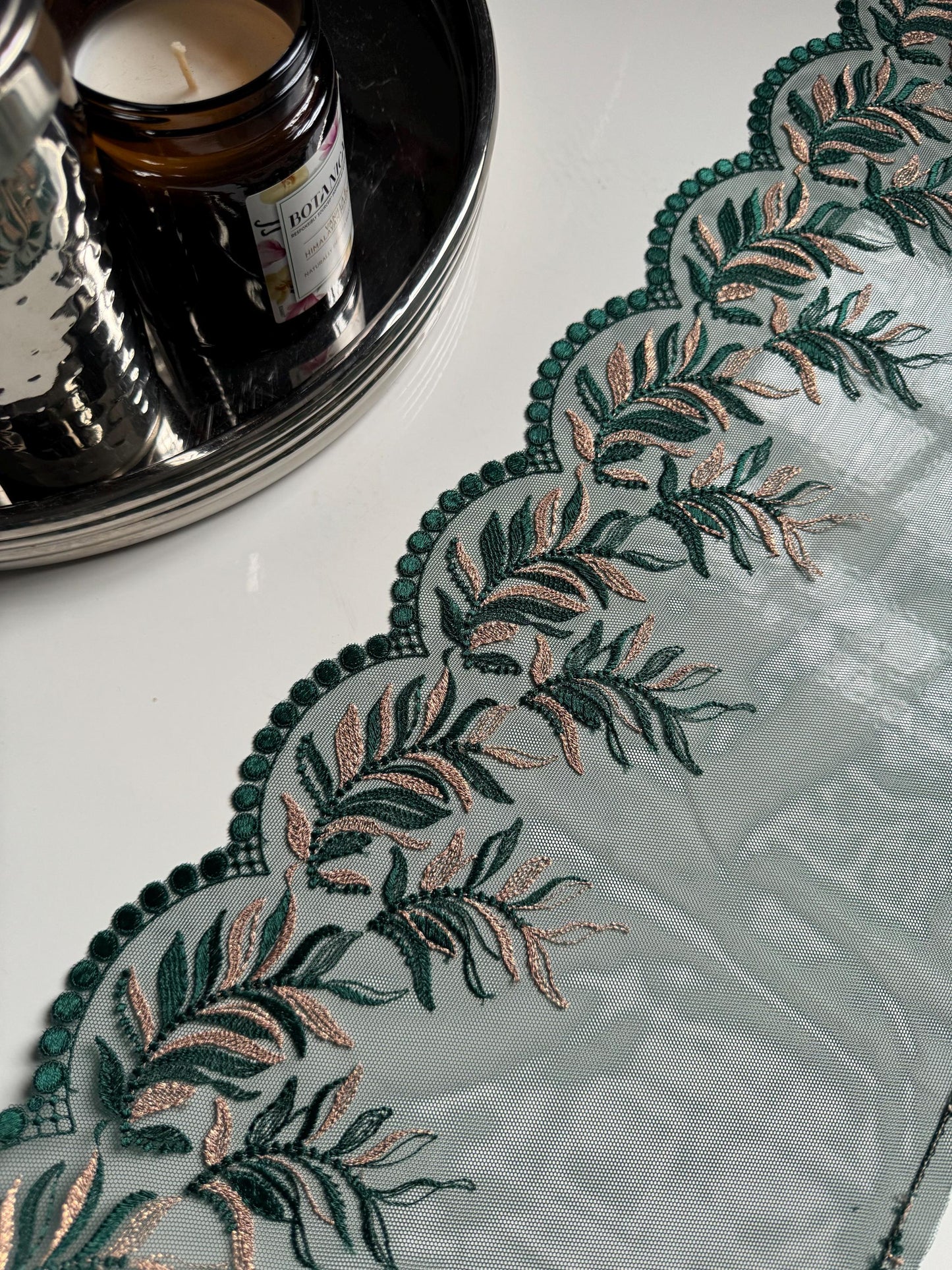 Dark Green Gold Metallic Shimmer Leaf Embroidered Lace Trim (9"/23cm) Floral Scallop Fabric for Bramaking Knickers Lingerie Sewing Craft