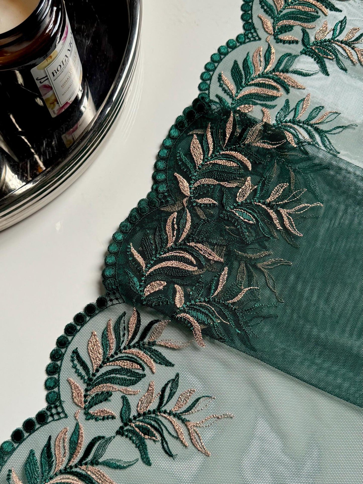 Dark Green Gold Metallic Shimmer Leaf Embroidered Lace Trim (9"/23cm) Floral Scallop Fabric for Bramaking Knickers Lingerie Sewing Craft