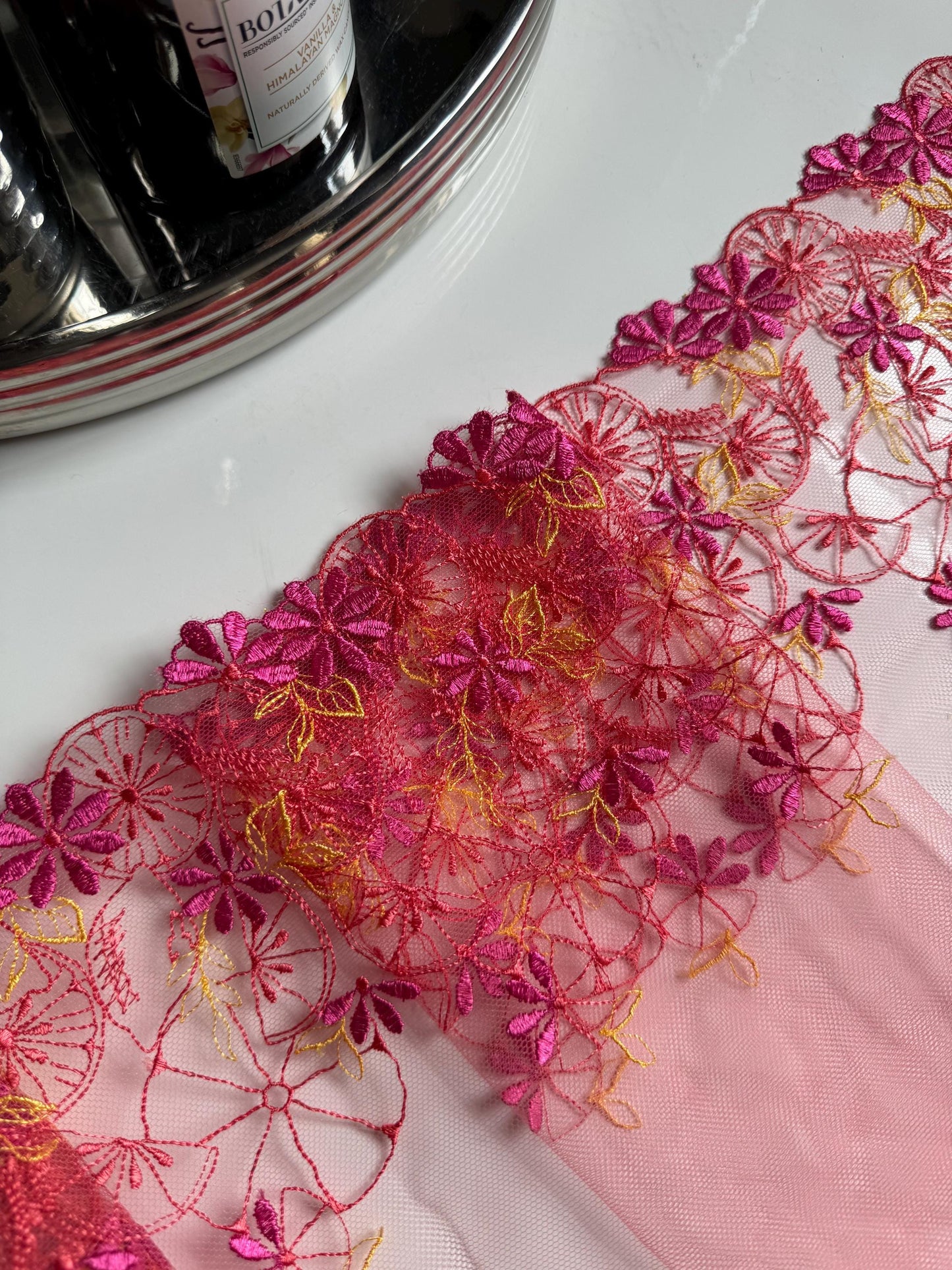 Citrus Pink Orange Yellow Lemon Floral Embroidered Lace Trim (10.25"/26cm) Fruit Mesh Tulle Scallop Edge Fabric for Bramaking Knickers Linge