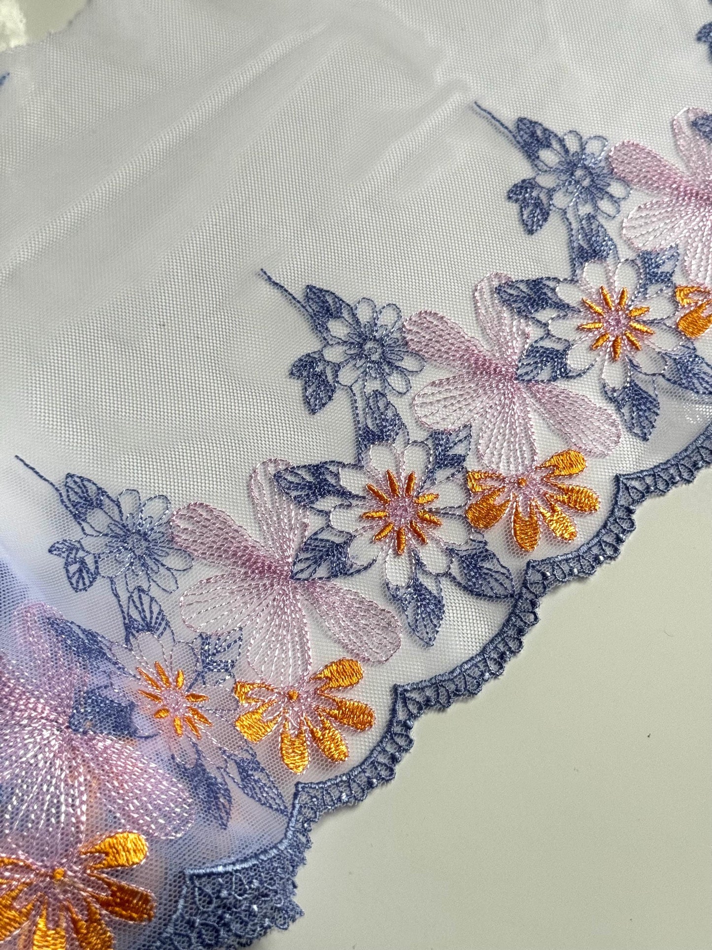 Periwinkle Blue Lilac Yellow Floral Embroidered Lace Trim (8"/20.5cm) Mesh Tulle Scallop Edge Fabric for Bramaking Knickers Lingerie Sewing