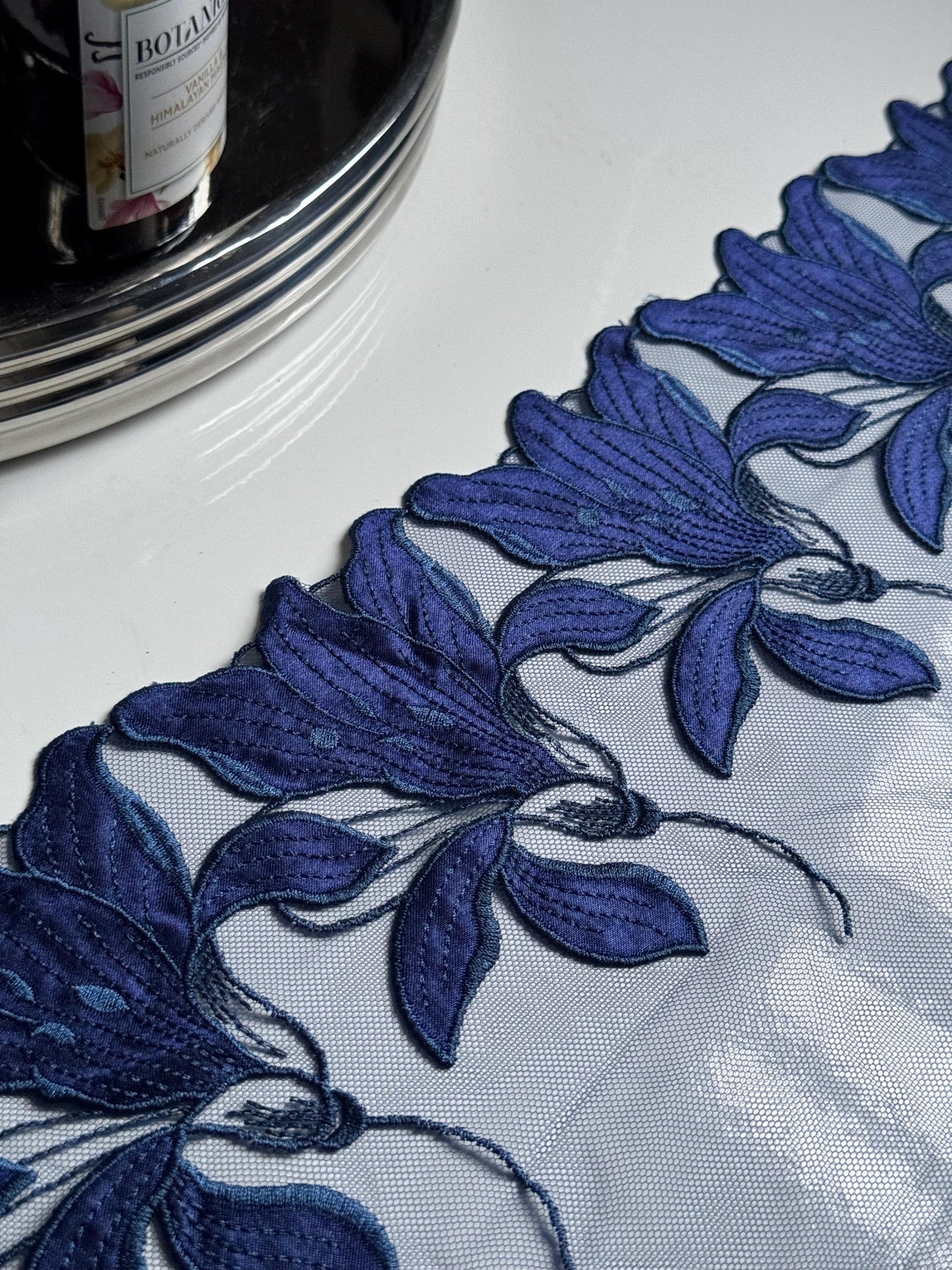 Satin Navy Blue Floral Embroidered Lace Trim (7"/18cm) Scallop Edge Fabric for Bramaking Knickers Lingerie Sewing Craft