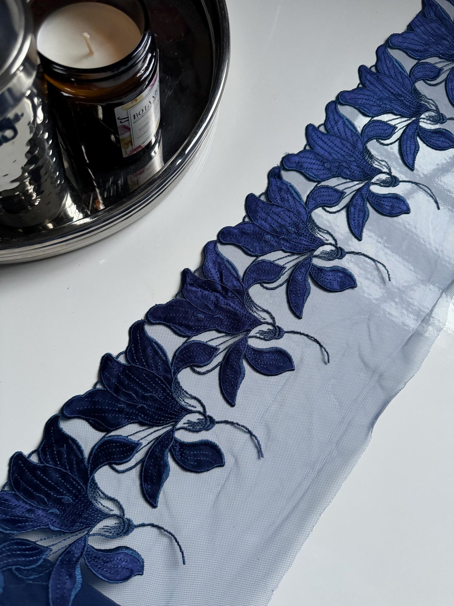 Satin Navy Blue Floral Embroidered Lace Trim (7"/18cm) Scallop Edge Fabric for Bramaking Knickers Lingerie Sewing Craft