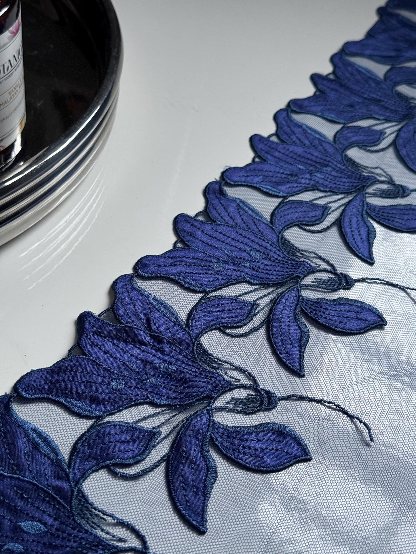 Satin Navy Blue Floral Embroidered Lace Trim (7"/18cm) Scallop Edge Fabric for Bramaking Knickers Lingerie Sewing Craft