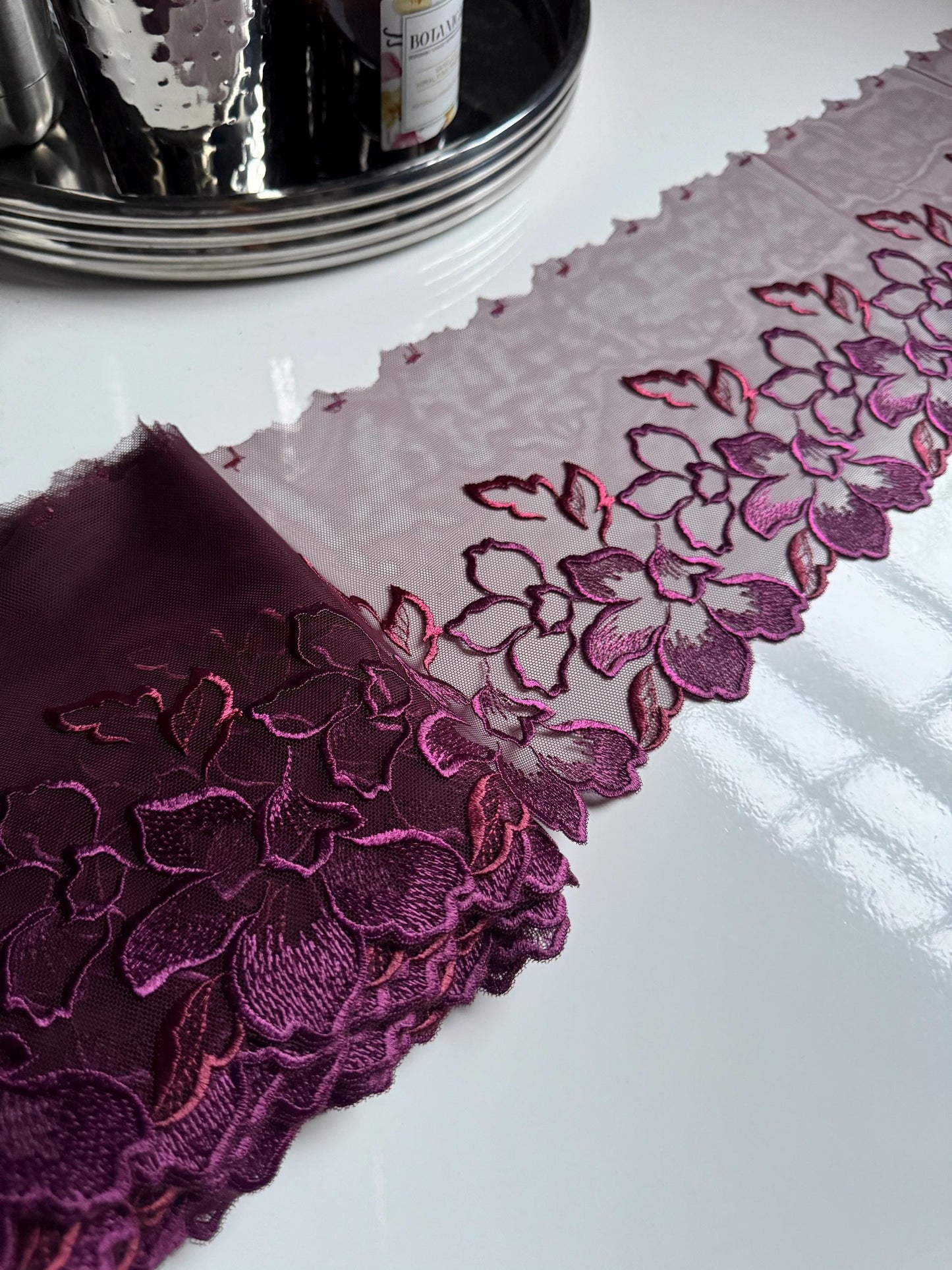 Plum Purple Wine Floral Embroidered Lace Trim (6.25"/16cm) Mesh Tulle Scallop Edge Fabric for Bramaking Knickers Lingerie Sewing Craft