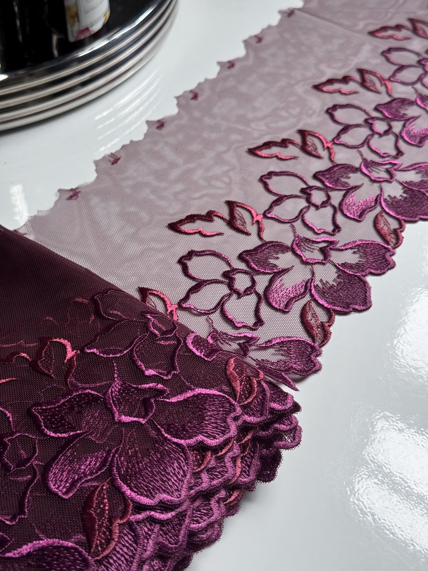 Plum Purple Wine Floral Embroidered Lace Trim (6.25"/16cm) Mesh Tulle Scallop Edge Fabric for Bramaking Knickers Lingerie Sewing Craft