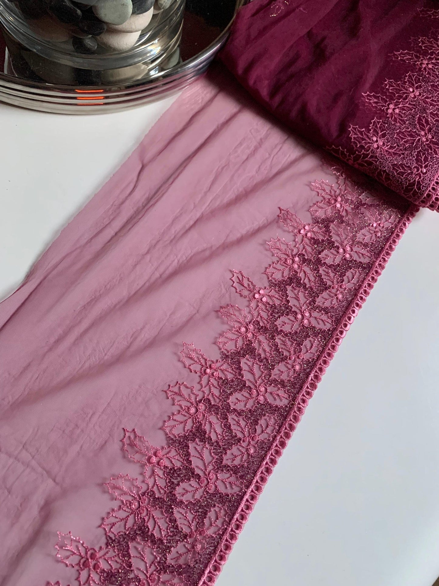 Pink Mistletoe Holly Shimmer Lace Trim 10.25”/26cm Embroidered Scallop Edge Fabric for Bra Making Bramaking Knickers Lingerie Sewing Craft