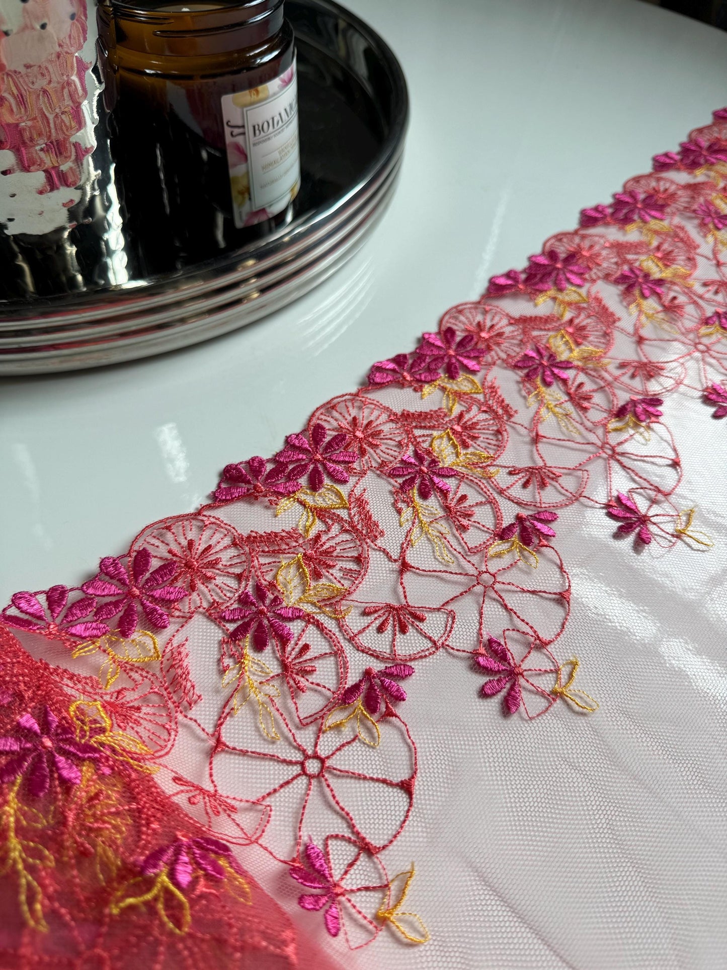 Citrus Pink Orange Yellow Lemon Floral Embroidered Lace Trim (10.25"/26cm) Fruit Mesh Tulle Scallop Edge Fabric for Bramaking Knickers Linge
