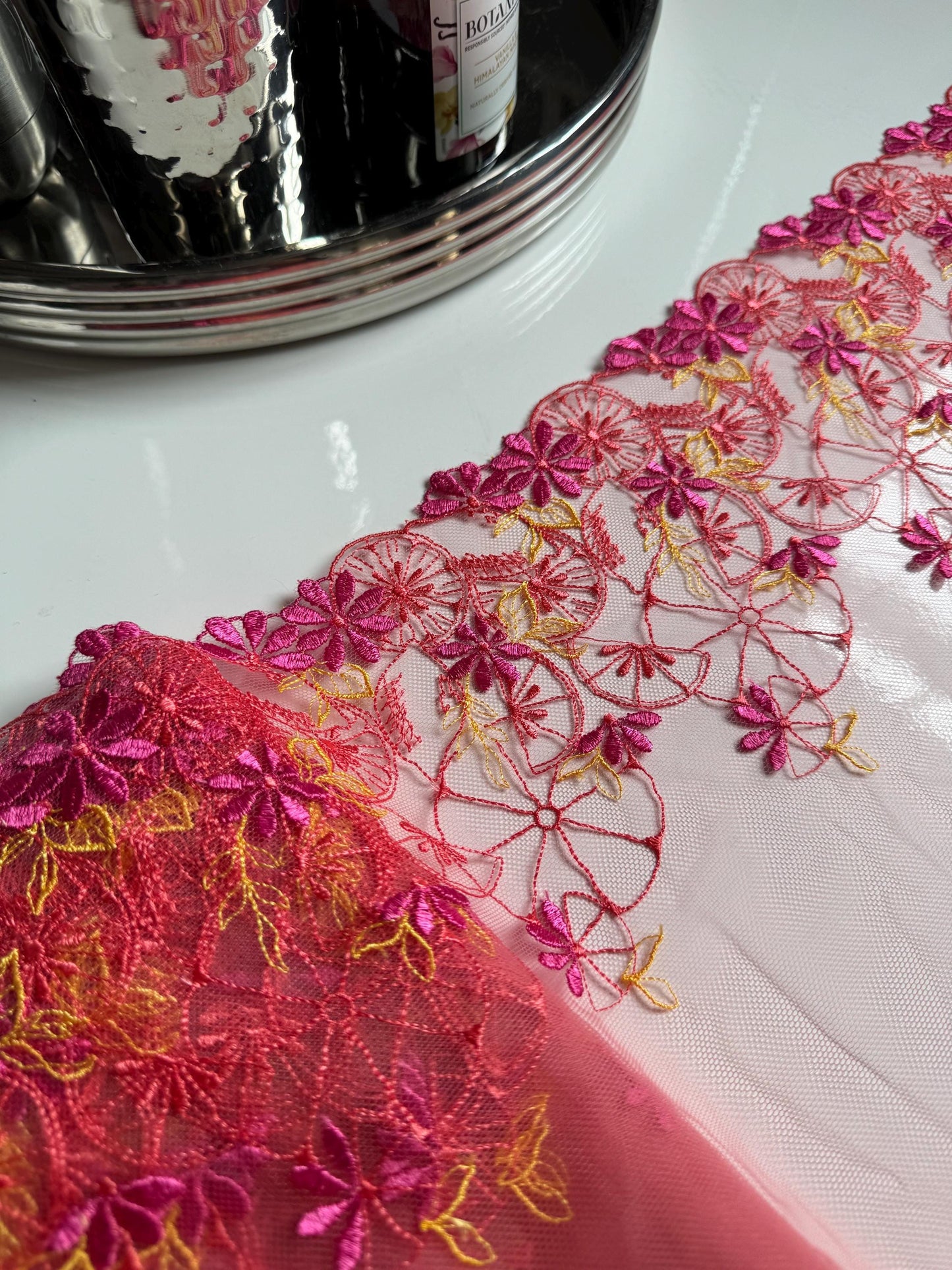 Citrus Pink Orange Yellow Lemon Floral Embroidered Lace Trim (10.25"/26cm) Fruit Mesh Tulle Scallop Edge Fabric for Bramaking Knickers Linge