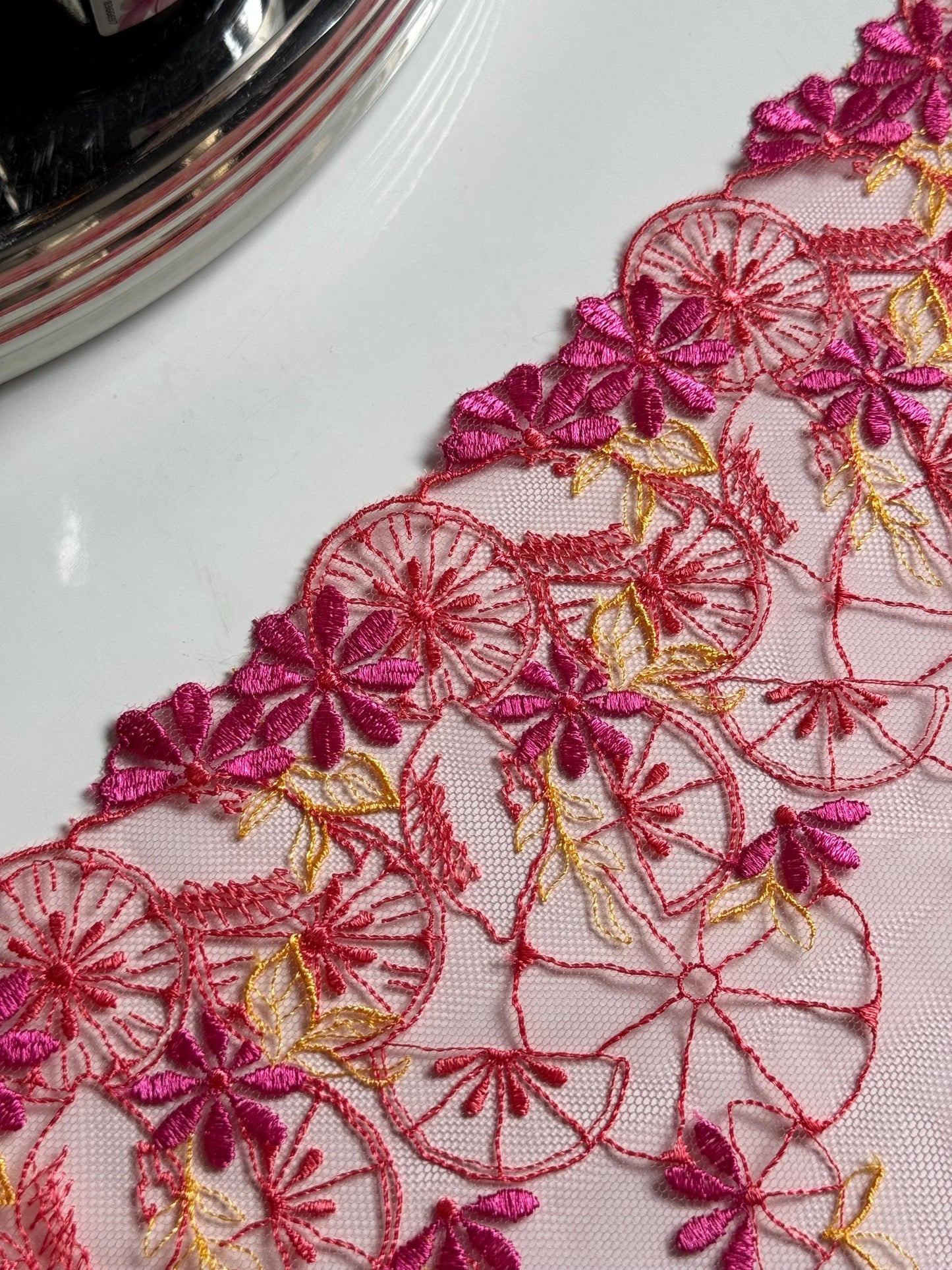 Citrus Pink Orange Yellow Lemon Floral Embroidered Lace Trim (10.25"/26cm) Fruit Mesh Tulle Scallop Edge Fabric for Bramaking Knickers Linge