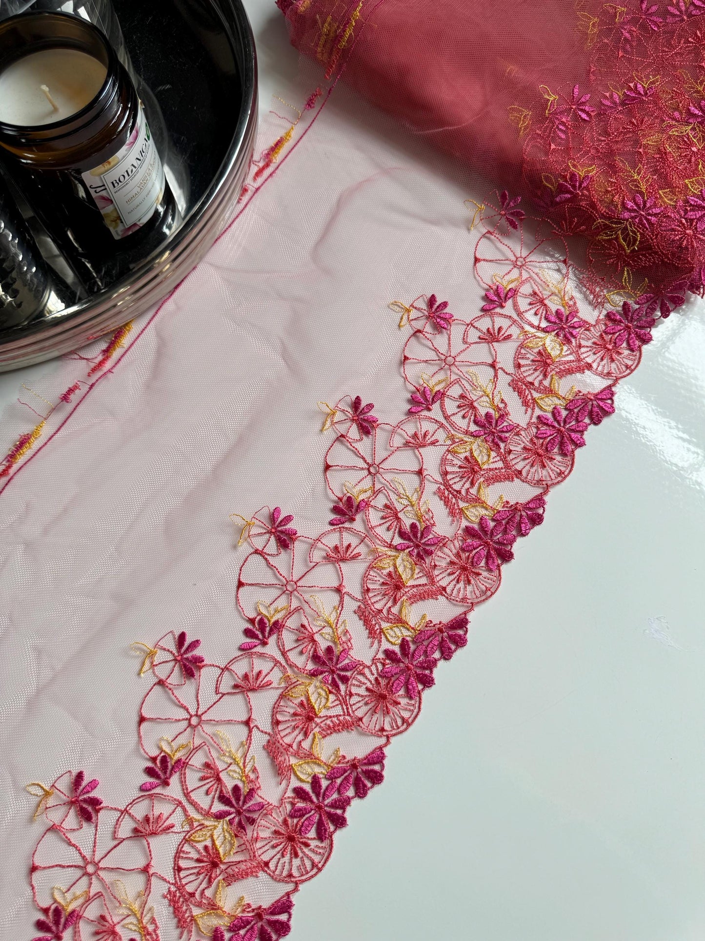Citrus Pink Orange Yellow Lemon Floral Embroidered Lace Trim (10.25"/26cm) Fruit Mesh Tulle Scallop Edge Fabric for Bramaking Knickers Linge