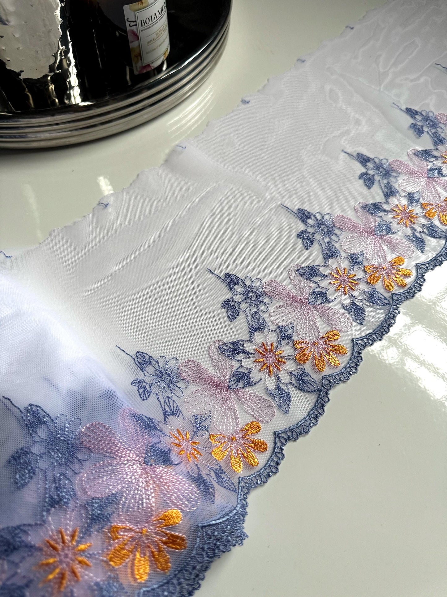 Periwinkle Blue Lilac Yellow Floral Embroidered Lace Trim (8"/20.5cm) Mesh Tulle Scallop Edge Fabric for Bramaking Knickers Lingerie Sewing