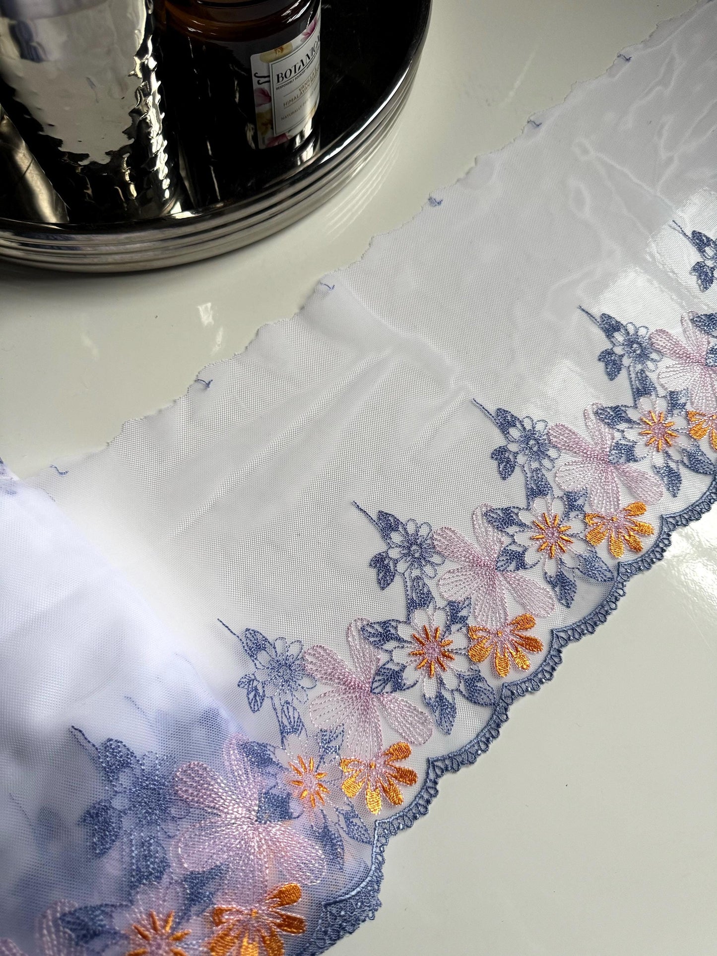 Periwinkle Blue Lilac Yellow Floral Embroidered Lace Trim (8"/20.5cm) Mesh Tulle Scallop Edge Fabric for Bramaking Knickers Lingerie Sewing