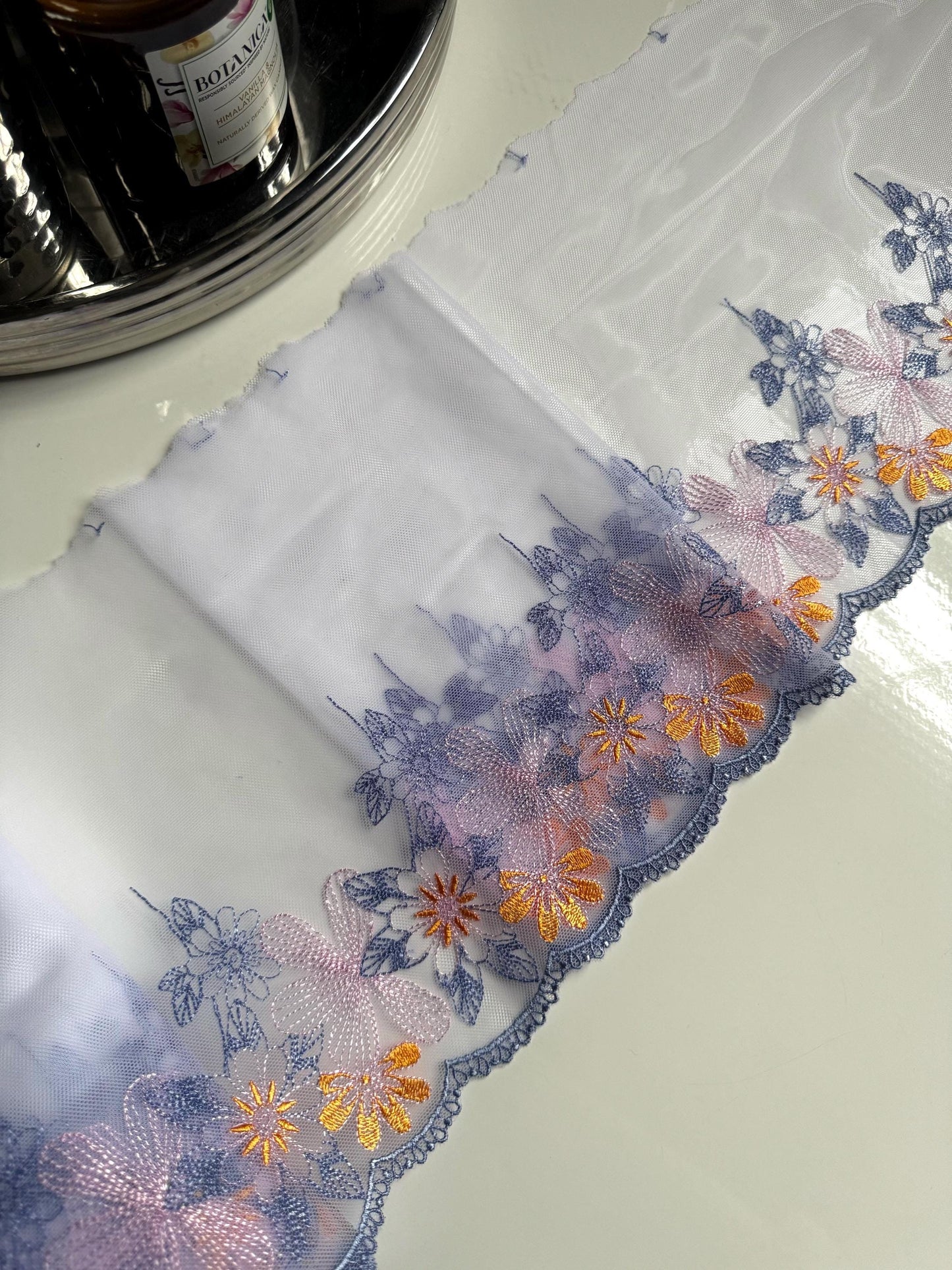Periwinkle Blue Lilac Yellow Floral Embroidered Lace Trim (8"/20.5cm) Mesh Tulle Scallop Edge Fabric for Bramaking Knickers Lingerie Sewing