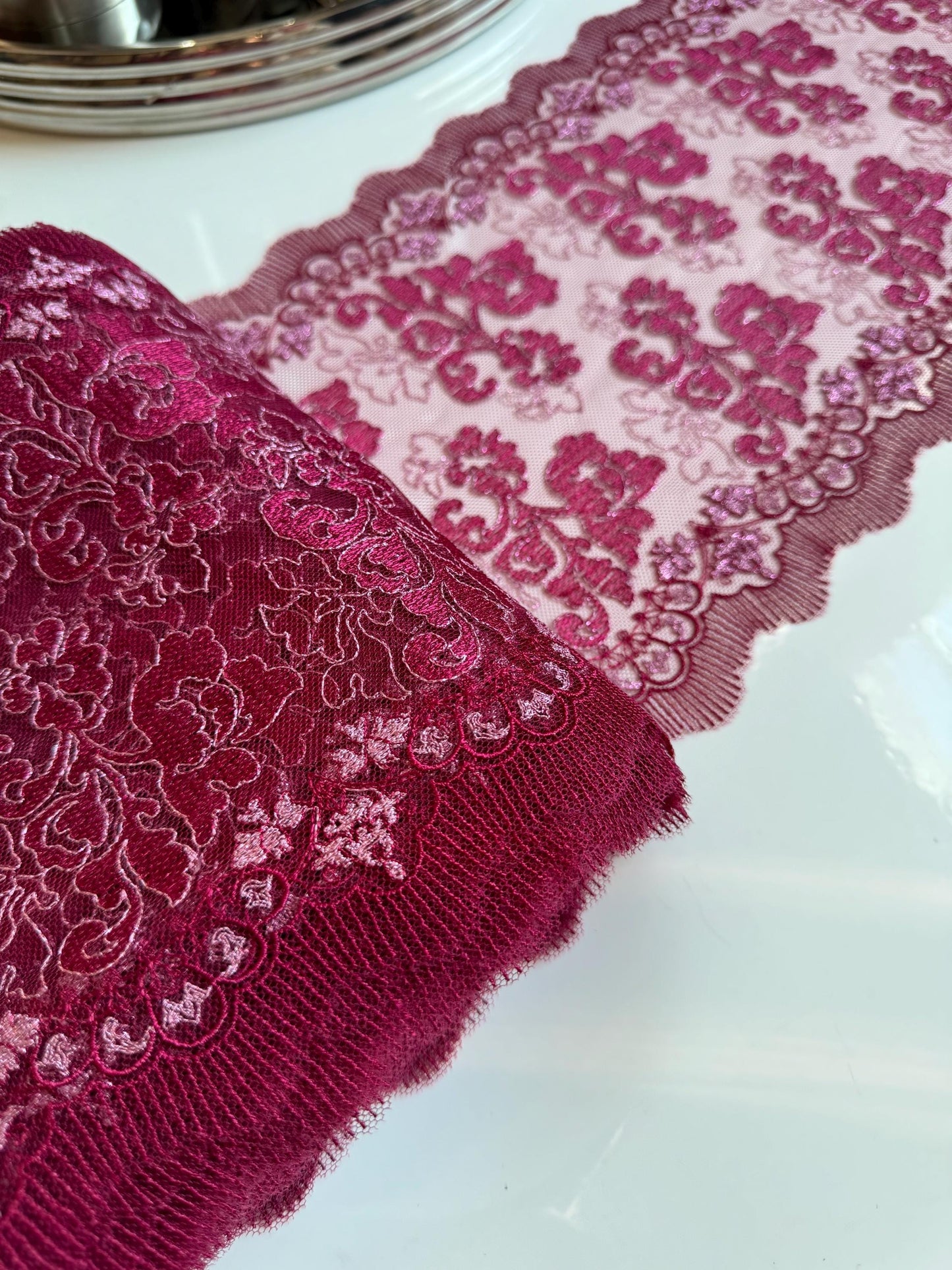 Raspberry Wine Metallic Shimmer Emroidered Lace Trim (8.75"/22cm) Scallop Edge Fabric for Bramaking Knickers Lingerie Sewing Craft