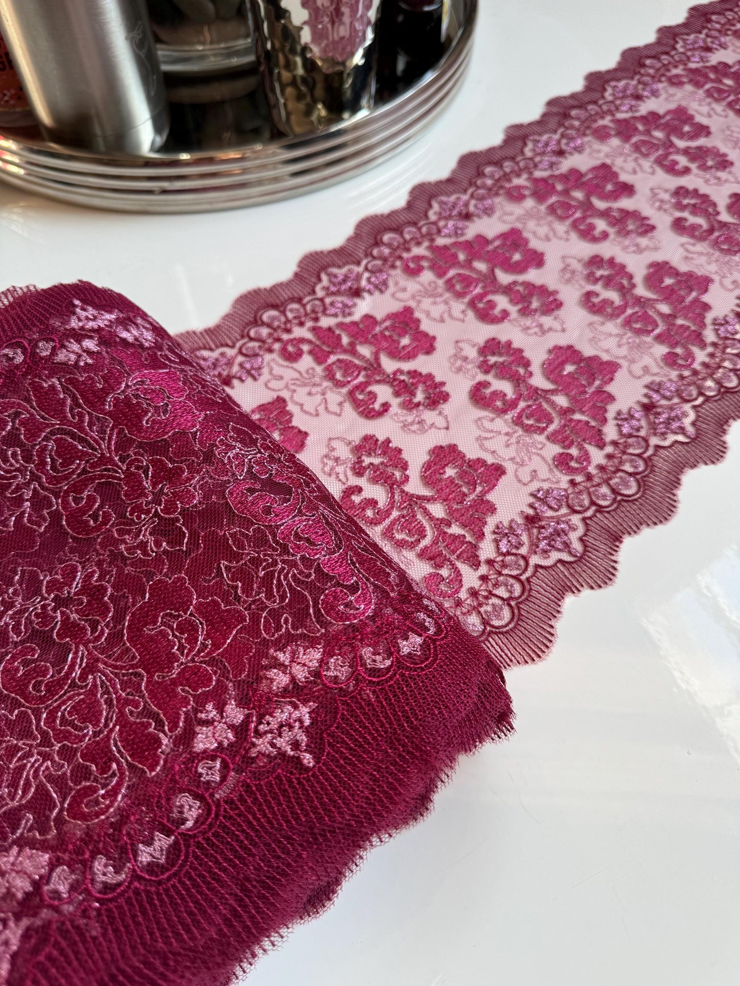 Raspberry Wine Metallic Shimmer Emroidered Lace Trim (8.75"/22cm) Scallop Edge Fabric for Bramaking Knickers Lingerie Sewing Craft