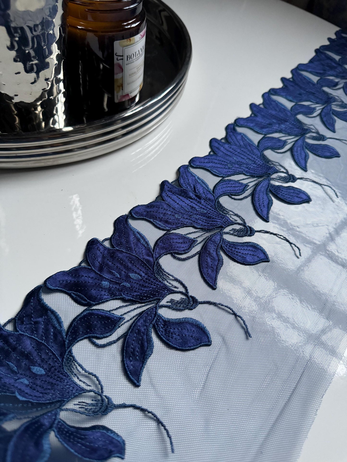 Satin Navy Blue Floral Embroidered Lace Trim (7"/18cm) Scallop Edge Fabric for Bramaking Knickers Lingerie Sewing Craft