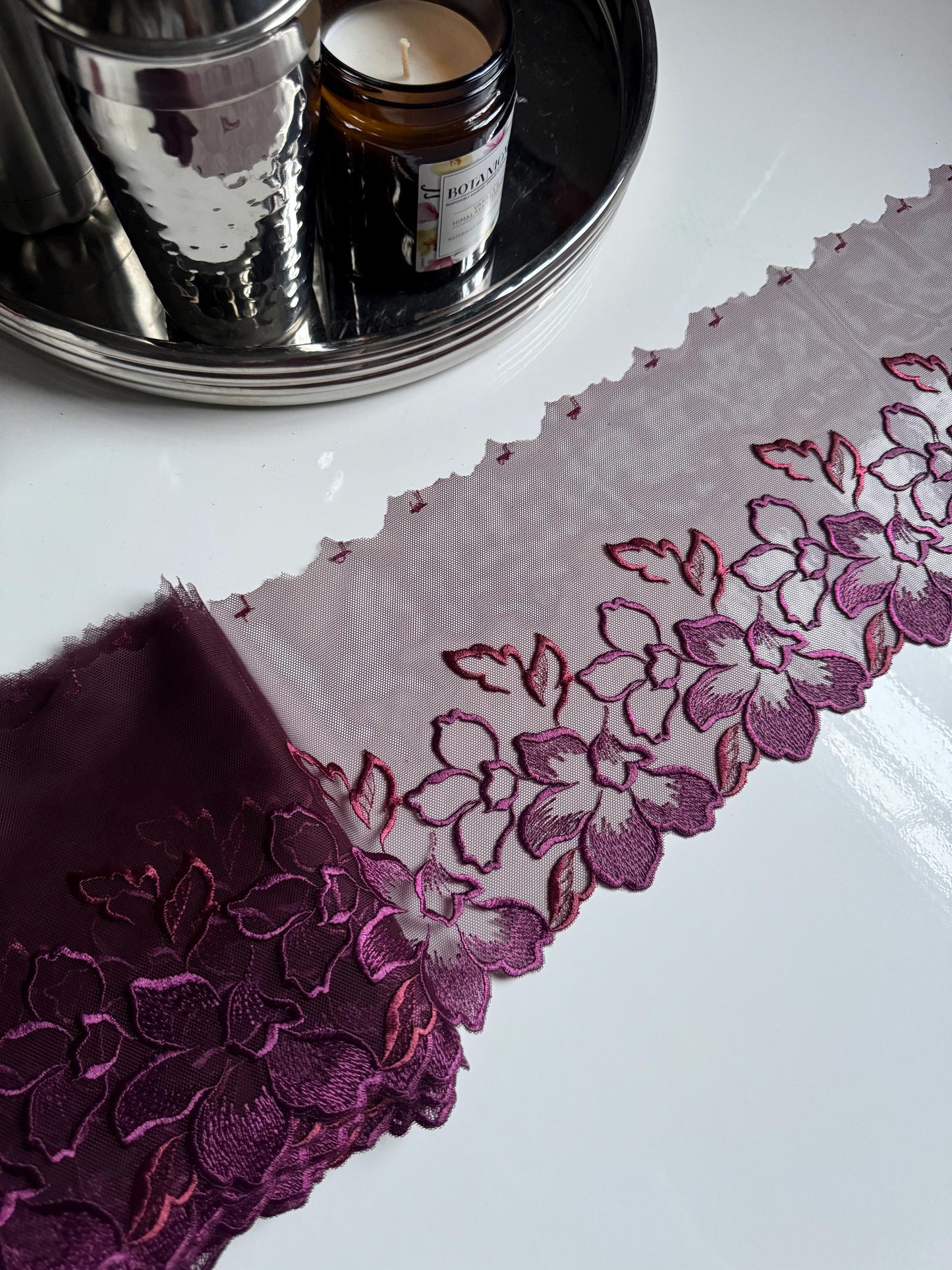 Plum Purple Wine Floral Embroidered Lace Trim (6.25"/16cm) Mesh Tulle Scallop Edge Fabric for Bramaking Knickers Lingerie Sewing Craft