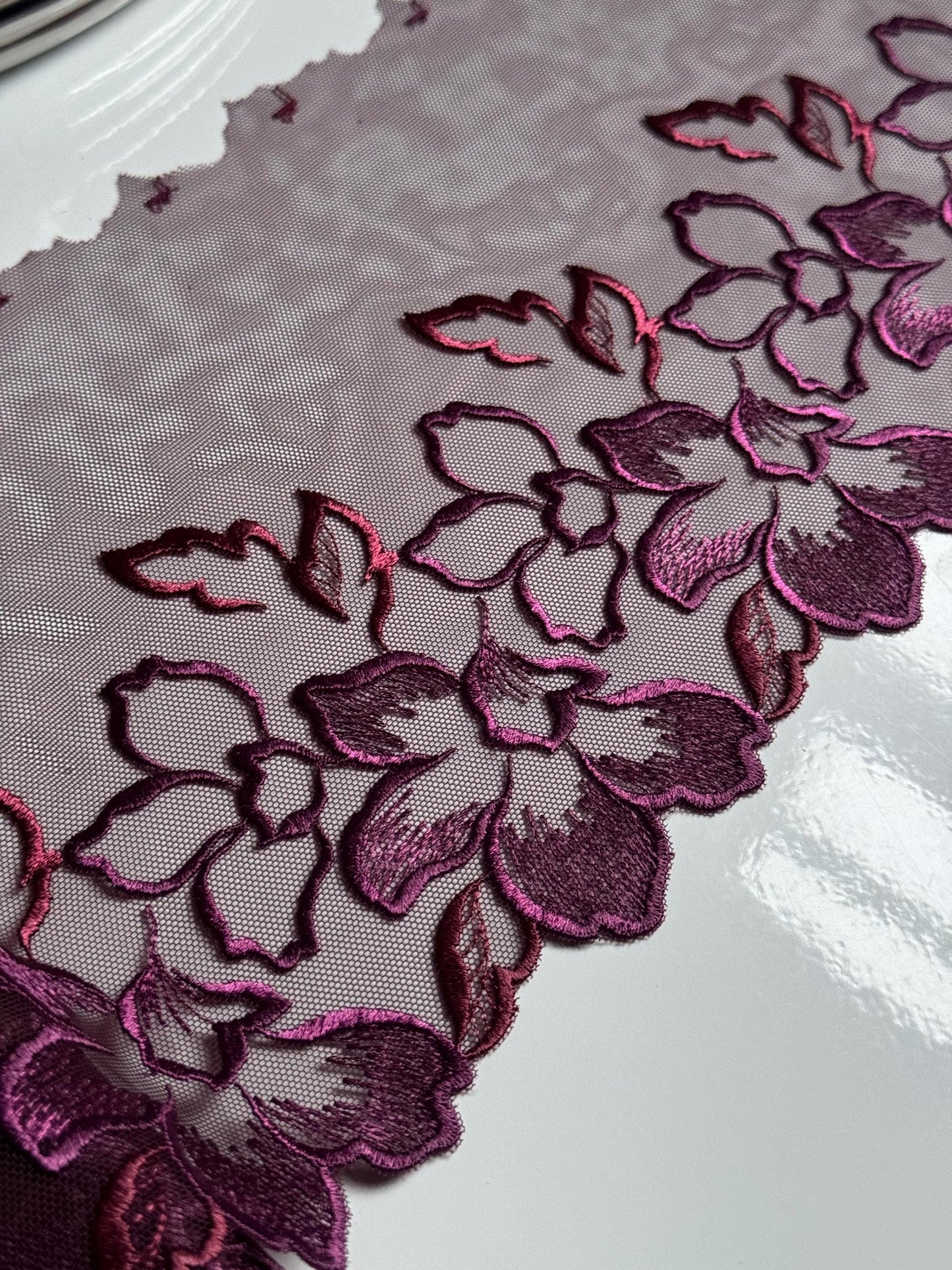 Plum Purple Wine Floral Embroidered Lace Trim (6.25"/16cm) Mesh Tulle Scallop Edge Fabric for Bramaking Knickers Lingerie Sewing Craft