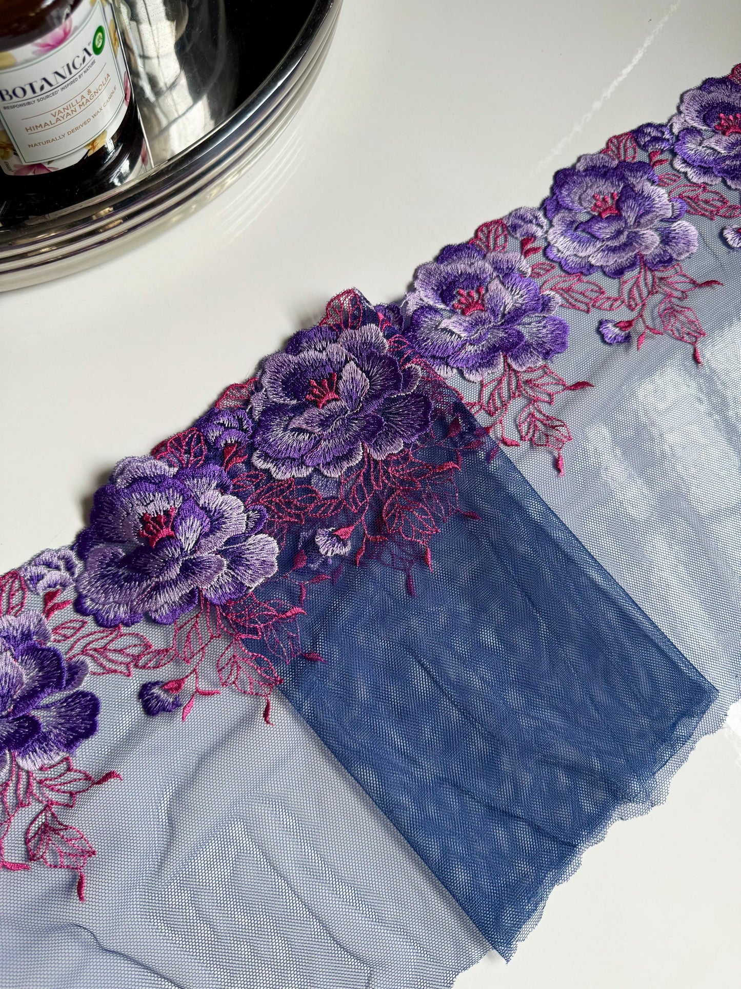Purple Pink Large Flower Embroidered Lace Trim (8.75"/22cm) Navy Mesh Tulle Scallop Edge Fabric for Bramaking Knickers Lingerie Sewing Craft