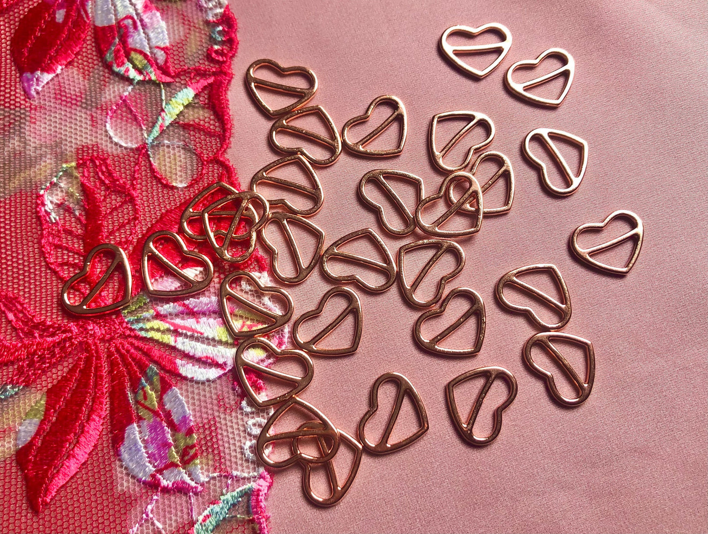 Heart Sliders Rose Gold 10mm (3/8”)/12mm (1/2”)/15mm (5/8”)/18mm (3/4”) Metal Sliders for Bra Lingerie Making and Swimwear Bramaking