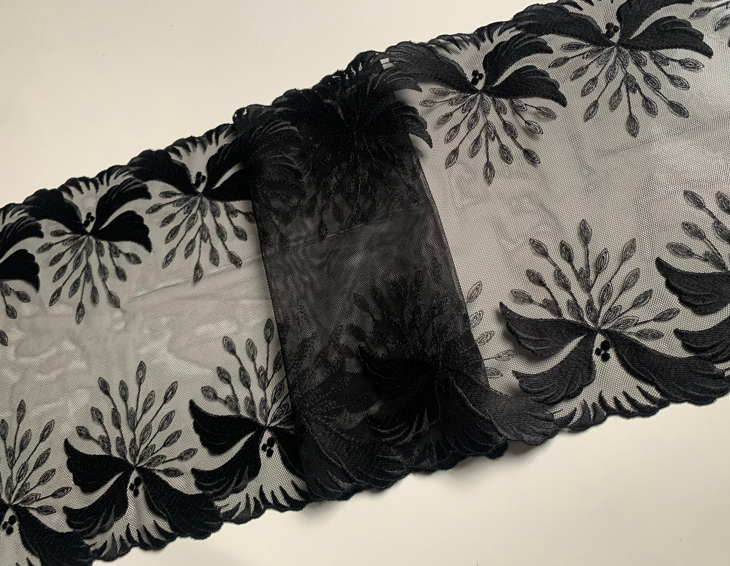 Black Embroidered Voile Lace Trim 9.5”/24cm Floral Scallop Edge Fabric for Bra Making Bramaking Knickers Lingerie Sewing Crafts