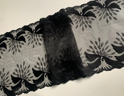 Black Embroidered Voile Lace Trim 9.5”/24cm Floral Scallop Edge Fabric for Bra Making Bramaking Knickers Lingerie Sewing Crafts