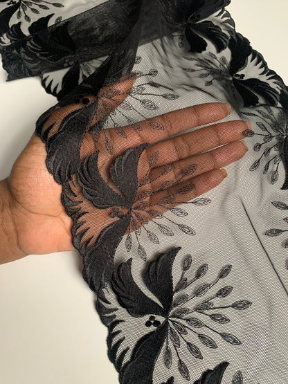 Black Embroidered Voile Lace Trim 9.5”/24cm Floral Scallop Edge Fabric for Bra Making Bramaking Knickers Lingerie Sewing Crafts