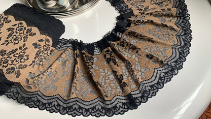 Mocha Brown Black Stretch Lace Trim 10.25”/26cm Scallop Edge Wide Lace Floral Fabric for Bra Making Bramaking Knickers Lingerie Sewing Craft