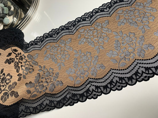 Mocha Brown Black Stretch Lace Trim 10.25”/26cm Scallop Edge Wide Lace Floral Fabric for Bra Making Bramaking Knickers Lingerie Sewing Craft