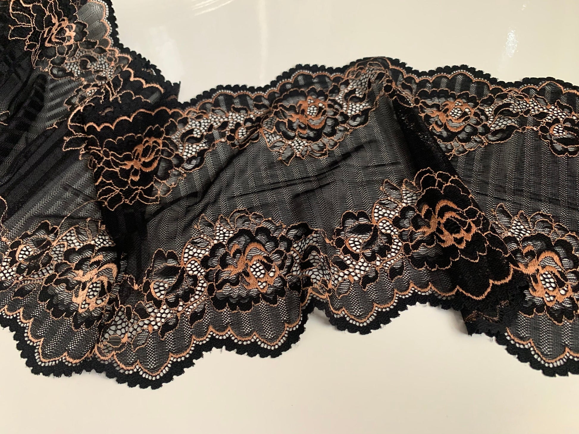 Black Rose Gold Stretch Lace Trim 8.5”/21.5cm Floral Scallop Edge Wide Lace Fabric for Bra Making Bramaking Knickers Lingerie Sewing Crafts