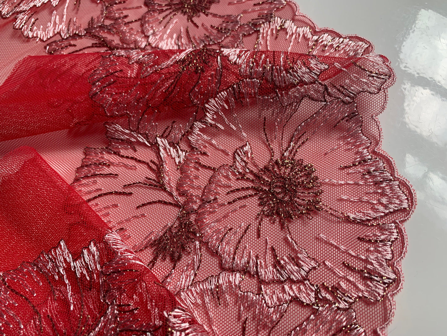 Deep Coral Red Tulle Lace Trim 7.5”/19cm Embroidered Pink Floral Scallop Edge Fabric for Bra Making Bramaking Knickers Lingerie Sewing Craft