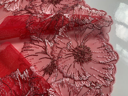 Deep Coral Red Tulle Lace Trim 7.5”/19cm Embroidered Pink Floral Scallop Edge Fabric for Bra Making Bramaking Knickers Lingerie Sewing Craft
