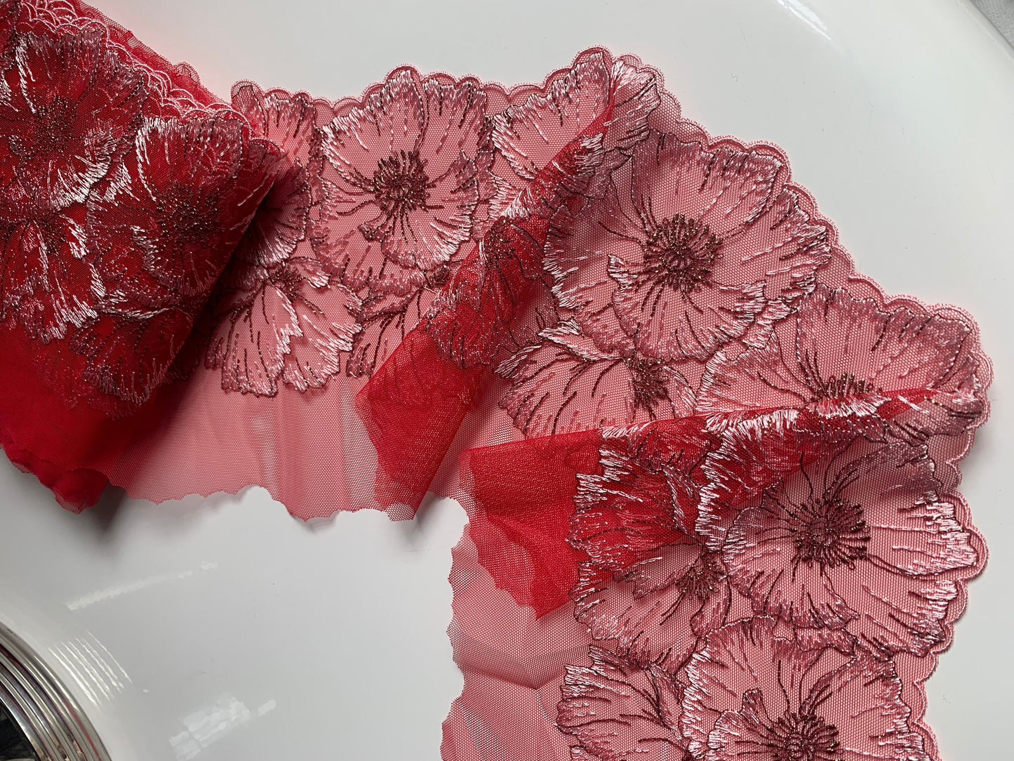 Deep Coral Red Tulle Lace Trim 7.5”/19cm Embroidered Pink Floral Scallop Edge Fabric for Bra Making Bramaking Knickers Lingerie Sewing Craft