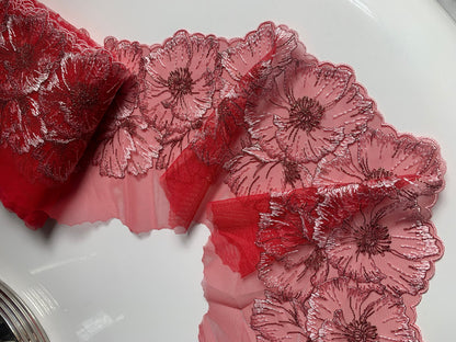 Deep Coral Red Tulle Lace Trim 7.5”/19cm Embroidered Pink Floral Scallop Edge Fabric for Bra Making Bramaking Knickers Lingerie Sewing Craft