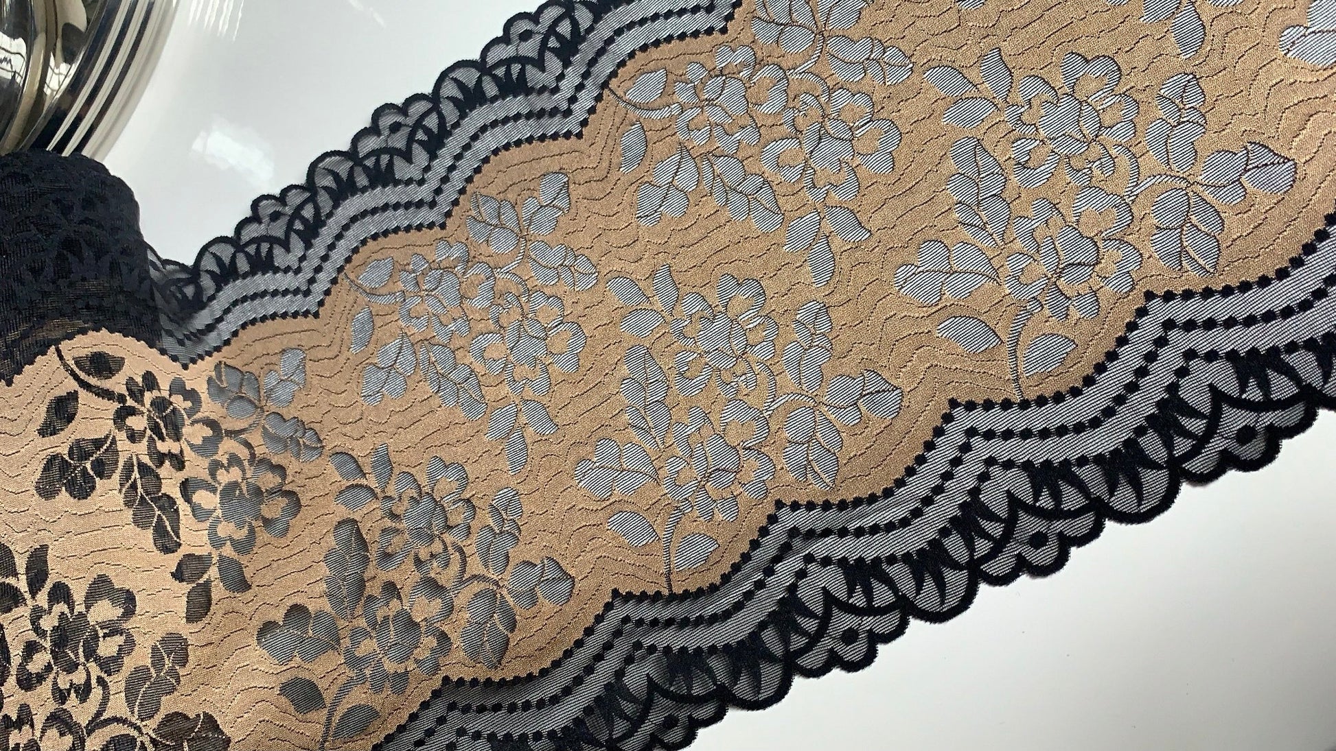 Mocha Brown Black Stretch Lace Trim 10.25”/26cm Scallop Edge Wide Lace Floral Fabric for Bra Making Bramaking Knickers Lingerie Sewing Craft