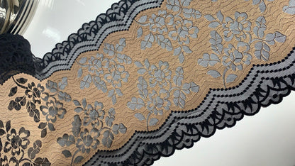 Mocha Brown Black Stretch Lace Trim 10.25”/26cm Scallop Edge Wide Lace Floral Fabric for Bra Making Bramaking Knickers Lingerie Sewing Craft