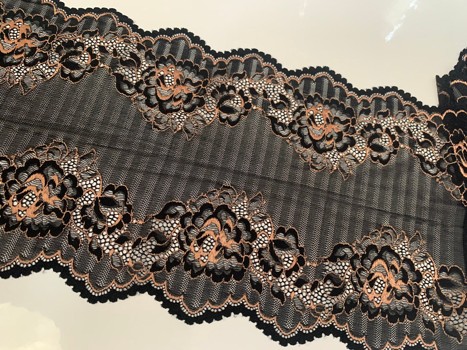 Black Rose Gold Stretch Lace Trim 8.5”/21.5cm Floral Scallop Edge Wide Lace Fabric for Bra Making Bramaking Knickers Lingerie Sewing Crafts