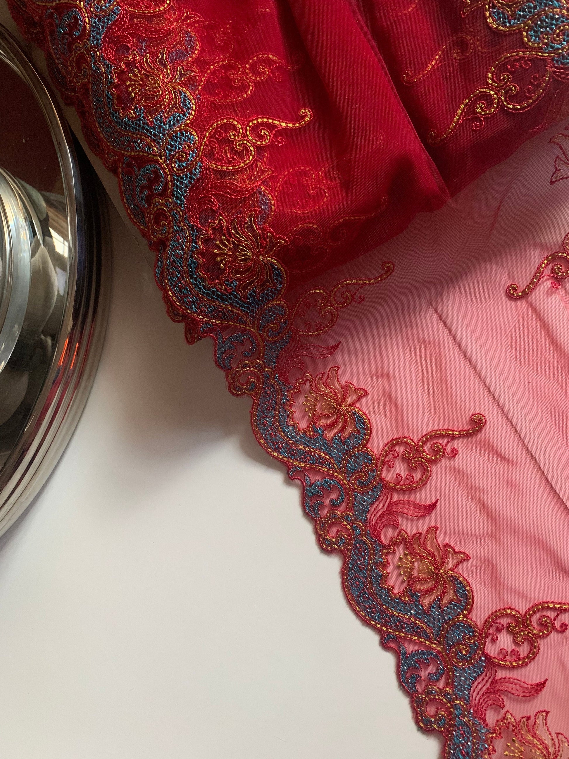 Red Blue Gold Embroidered Lace Trim 8.’5”/21.5cm Tulle Scallop Edge Fabric for Bra Making Knickers Lingerie Sewing Craft