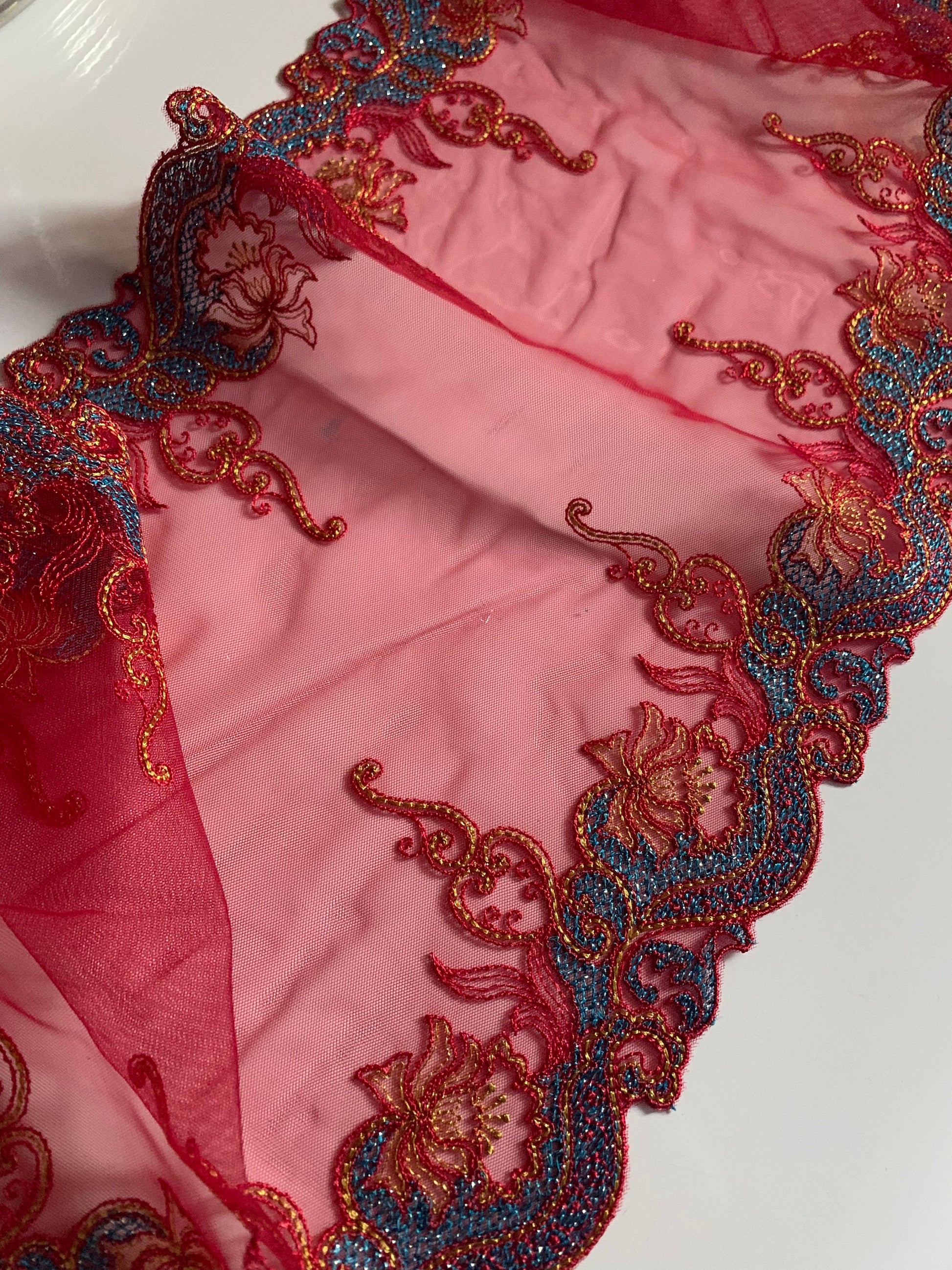 Red Blue Gold Embroidered Lace Trim 8.’5”/21.5cm Tulle Scallop Edge Fabric for Bra Making Knickers Lingerie Sewing Craft