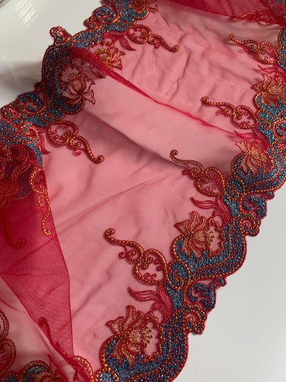 Red Blue Gold Embroidered Lace Trim 8.’5”/21.5cm Tulle Scallop Edge Fabric for Bra Making Knickers Lingerie Sewing Craft