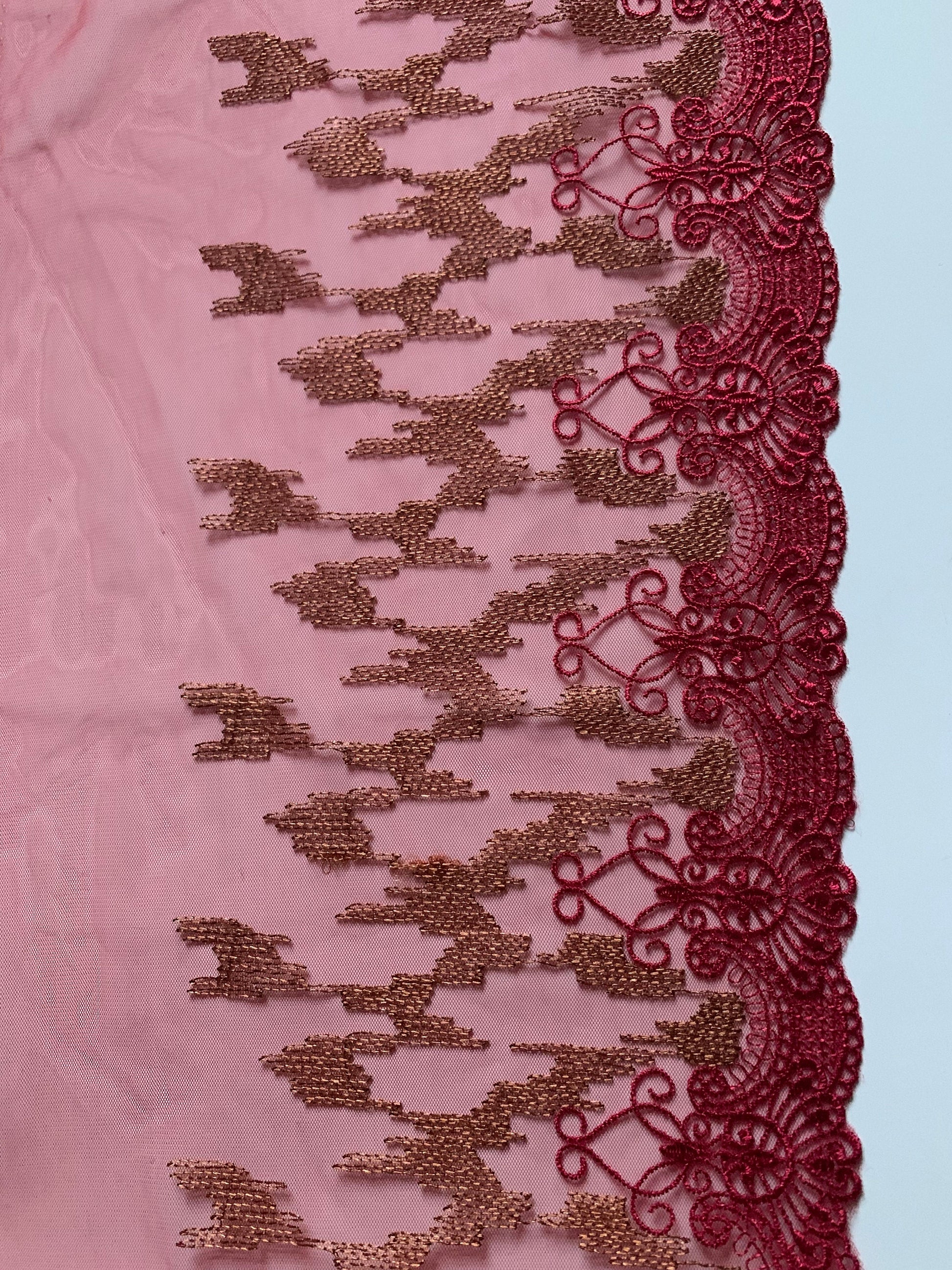 Red Bronze Embroidered Lace Trim 9”/22.5cm Tulle Scallop Edge Fabric for Bra Making Knickers Lingerie Sewing Craft