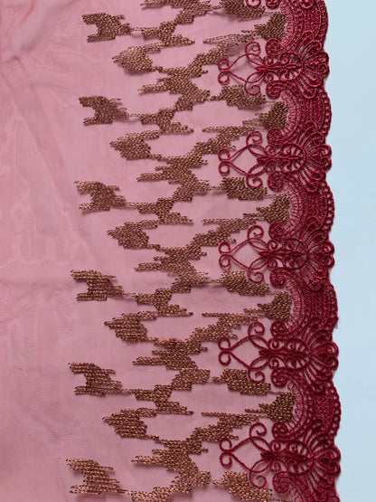 Red Bronze Embroidered Lace Trim 9”/22.5cm Tulle Scallop Edge Fabric for Bra Making Knickers Lingerie Sewing Craft