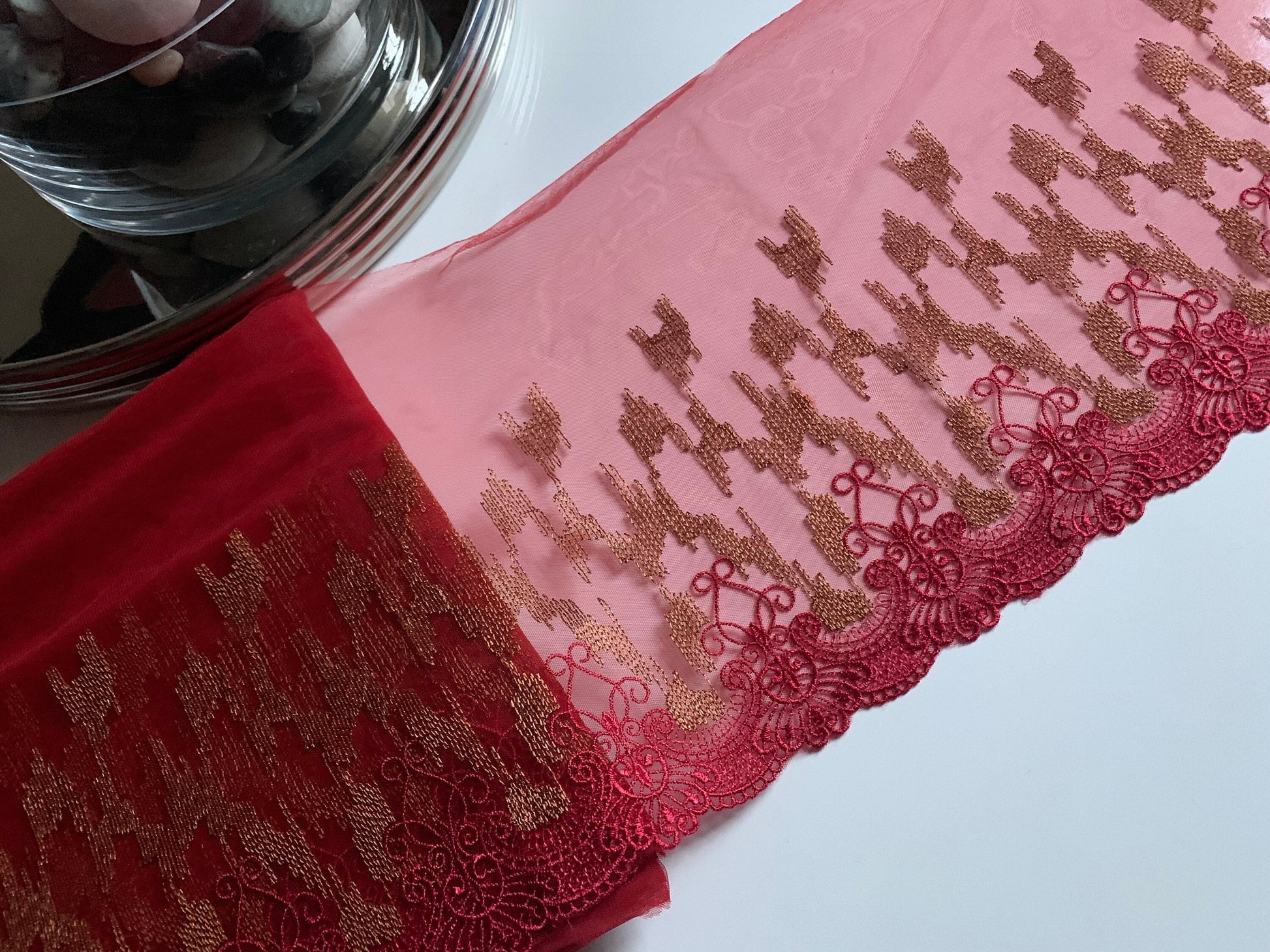 Red Bronze Embroidered Lace Trim 9”/22.5cm Tulle Scallop Edge Fabric for Bra Making Knickers Lingerie Sewing Craft