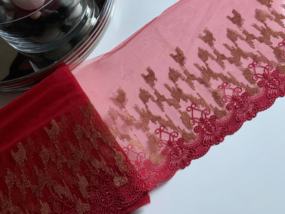 Red Bronze Embroidered Lace Trim 9”/22.5cm Tulle Scallop Edge Fabric for Bra Making Knickers Lingerie Sewing Craft