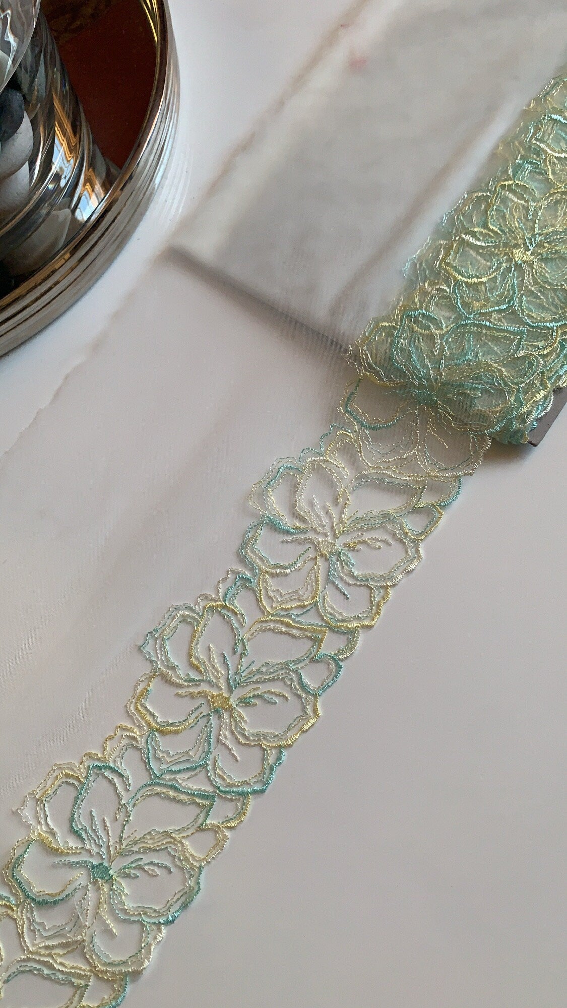 Pale Green Yellow Blue Floral Embroidered Lace Trim 7.5”/19cm White Tulle Scallop Edge Fabric for Bra Making Knickers Lingerie Sewing Craft