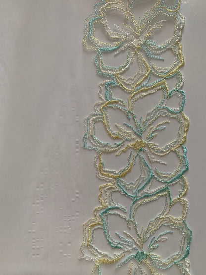 Pale Green Yellow Blue Floral Embroidered Lace Trim 7.5”/19cm White Tulle Scallop Edge Fabric for Bra Making Knickers Lingerie Sewing Craft
