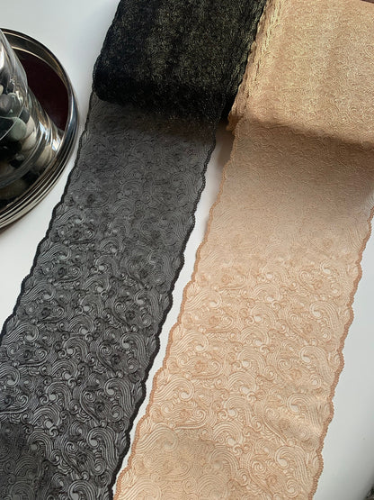 Black or Champagne Gold Shimmer Embroidered Lace Trim 7.5”/19.5cm Swirl Tulle Scallop Edge Fabric for Bra Making Knickers Lingerie Sewing